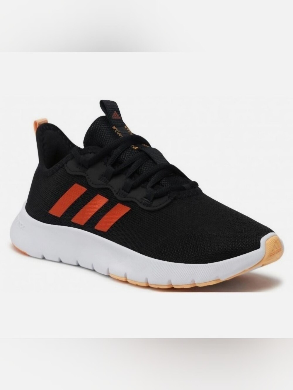 adidas Women's Black Knit Runners with Orange Three-Stripes and White Sole